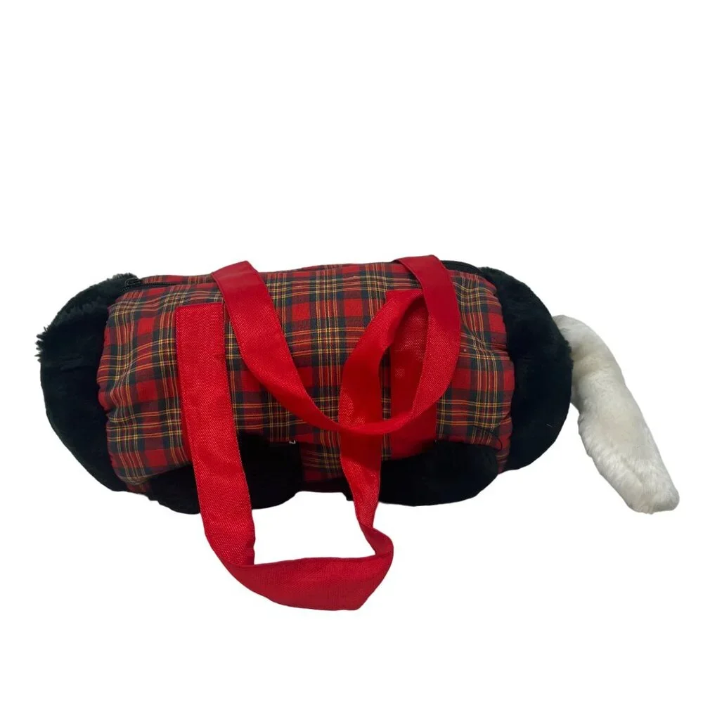 Cat Purse Girl Black & White Cat Stuffed Plush Red Plaid‎ 12” Length - Small